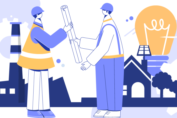 utility workers in hard hats shaking hands in front of collage of generating facilities