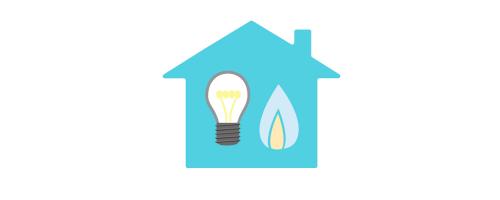 A blue cartoon image of a house with a lightbulb and cartoon flame inside.
