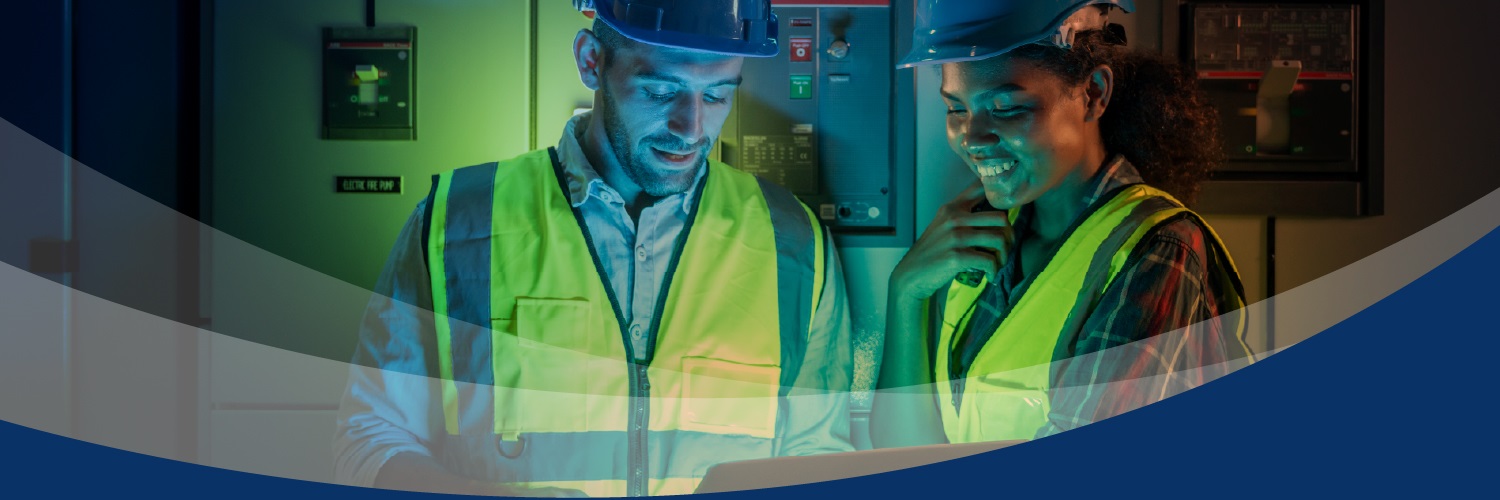 Stylized artwork including photo of two utility employees looking at a computer monitor