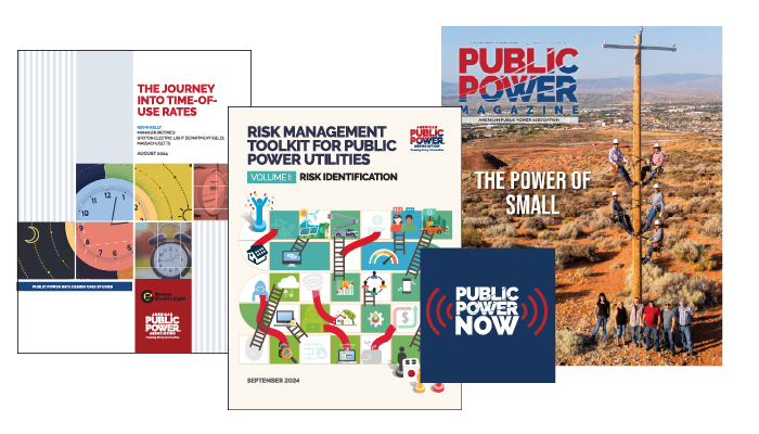 Array of APPA publication covers from 2024, including a time-of-use rate study, the risk management toolkit, public power now podcast logo, and Public Power magazine