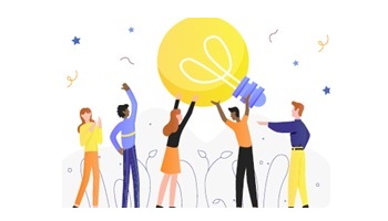 Stylized illustration of people and giant light bulb