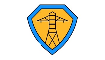 Shield-shaped icon with transmission tower