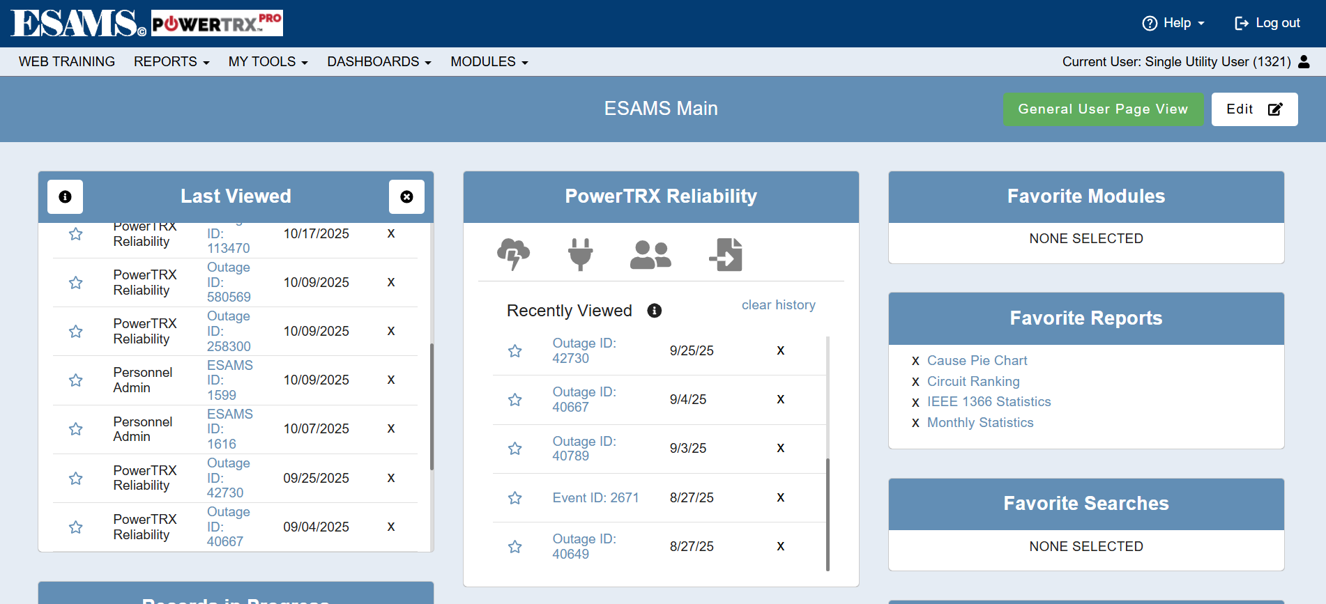 Screenshot of the main page for a PowerTRX Reliability user