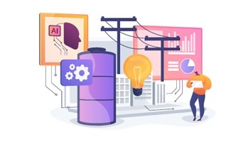 Stylized illustration with electric distribution lines, computer monitor, AI, battery, light bulb