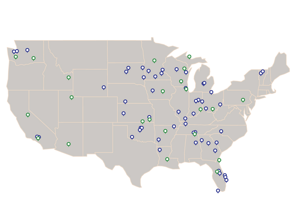 U.S. map showing location markers at places with electric projects built using municipal bonds 