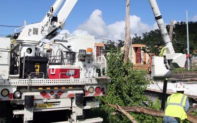 Utility crews repairing storm damage 