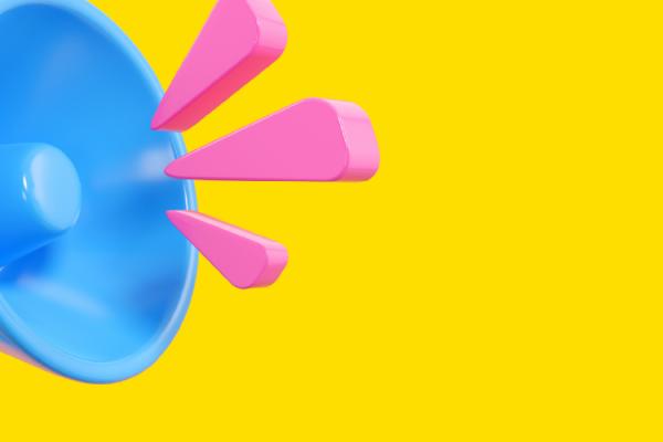 Graphic of a blue megaphone set against a bright yellow background