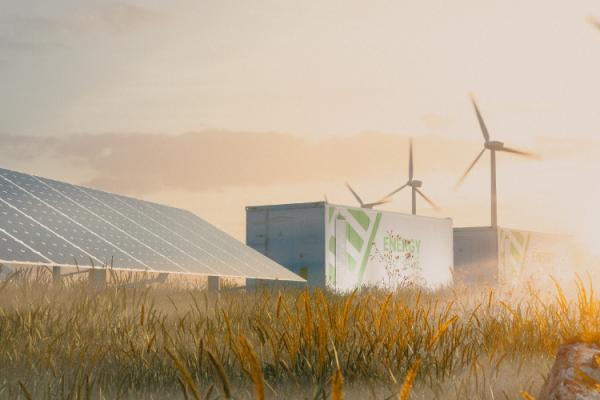 Wind turbines and solar panels in a sunlit field, with a cityscape silhouetted in the background.