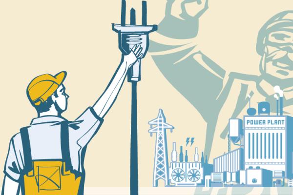 Cartoon image of electrical worker with an oversized plug in front of a cityscape