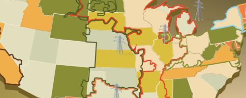 Section of U.S. map showing areas of high demand and high supply of electricity