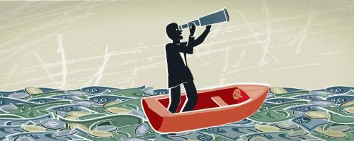 Person standing in an orange boat holding a telescope, floating on a sea made of money