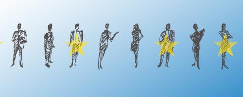 Sketches of ten people in a row on a blue background