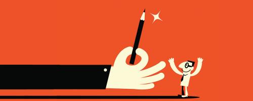 big hand holding a pencil next to a small person on an orange background