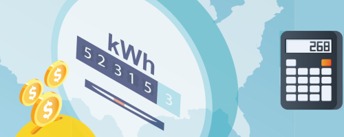 electric meter coins and calculator over outline of the U.S.